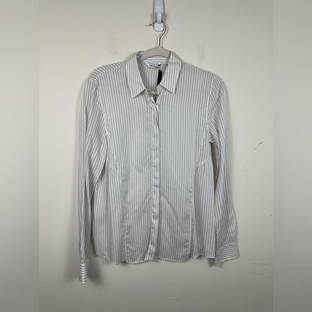 Caliban Striped Blouse Women Size 44 L‎ White Black NWT Tencel Button Up